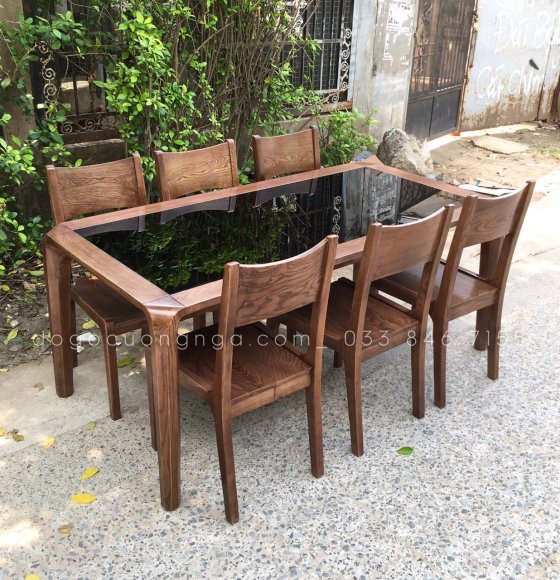 Bộ Bàn Ăn 6 Ghế Gỗ Sồi Lau Màu Óc Chó 