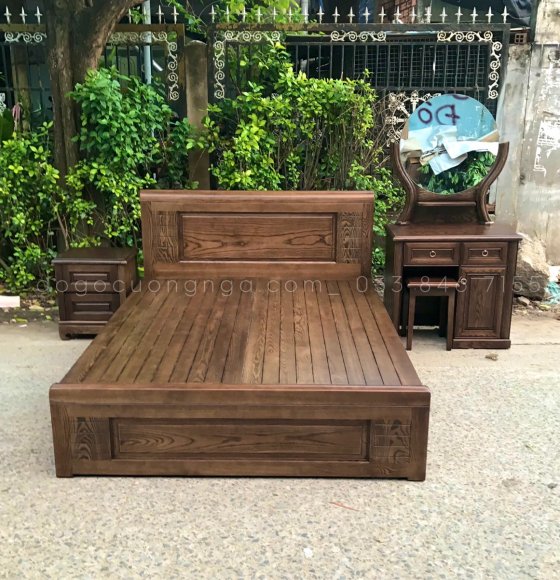 Giường Gỗ Sồi Nga 1m6x2m Lau Màu Óc Chó Vạt Phản