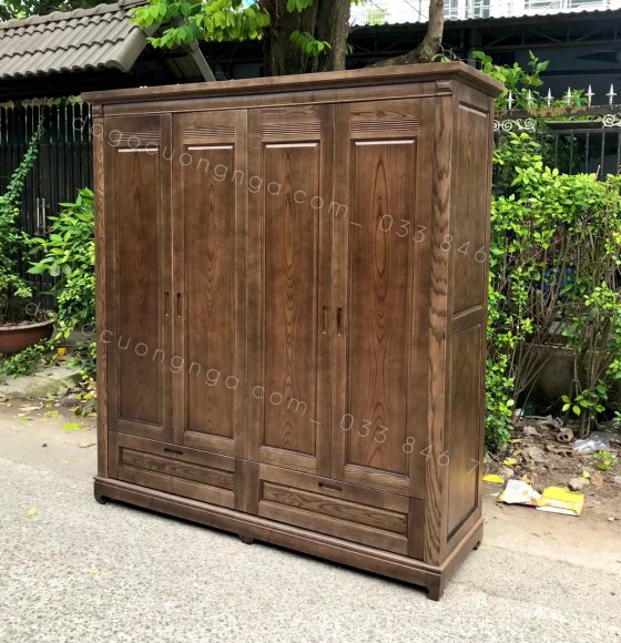 Tủ quần áo gỗ sồi nga 4 cánh 2m lau màu óc chó
