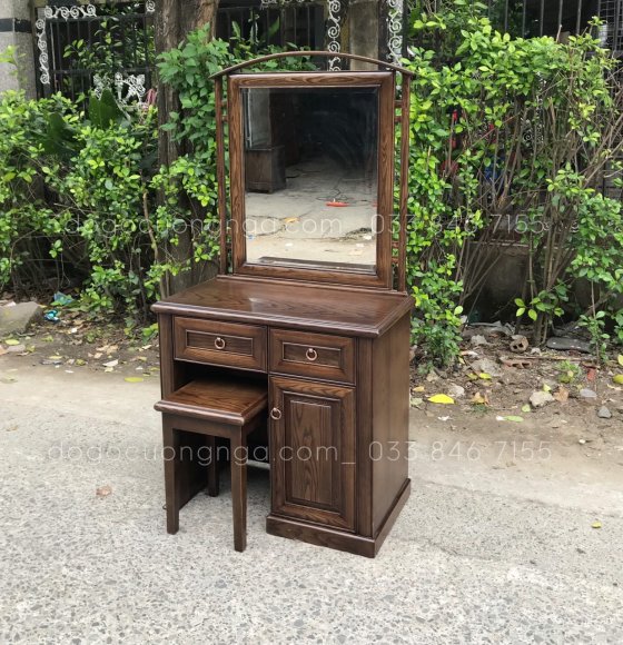 Bàn trang điểm gỗ sồi lau màu Óc Chó 80cm - Gương Vuông 