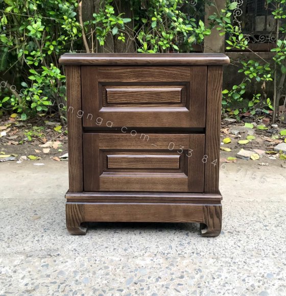 Tủ Đầu Giường Gỗ Sồi Lau Màu Óc Chó - 2 Ngăn Kéo 