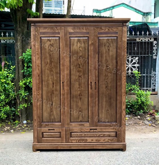 Tủ quần áo gỗ sồi nga 3 cánh lau màu óc chó 