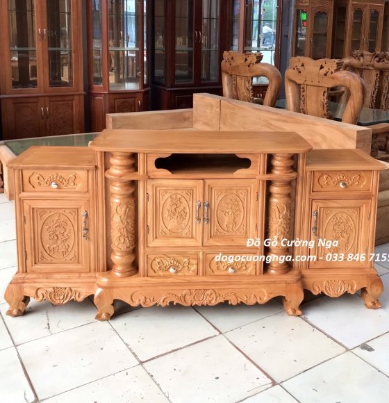 Kệ TiVi Gỗ Gõ Đỏ 1m8 Cột Nho Đục Cảnh