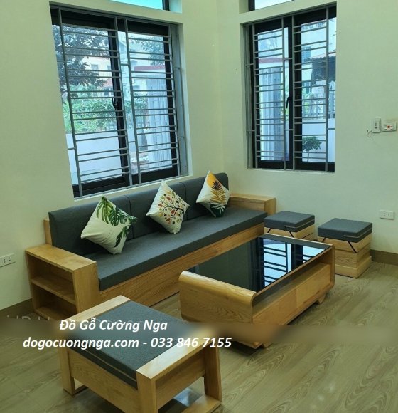Bộ ghế sofa gỗ sồi nga nhỏ gọn 2m - màu tự nhiên