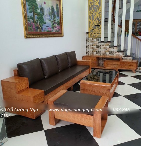 Bộ ghế sofa gỗ sồi nga màu cánh gián - mẫu 3 ngăn kéo 
