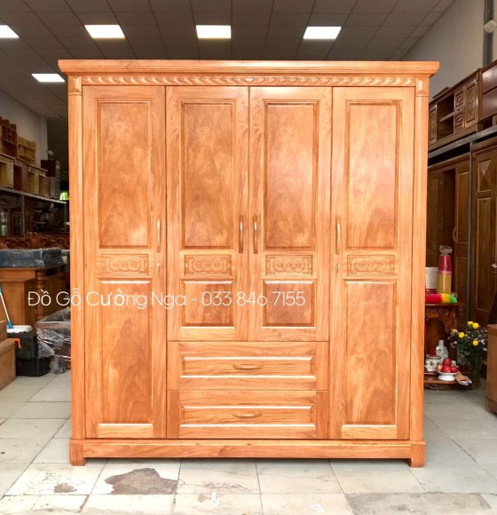 Tủ Áo Gỗ Đinh Hương 4 Cánh Mẫu Đồng Tiền - 2m