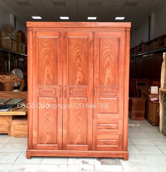 Tủ Áo Gỗ Hương Đá 3 Cánh Mẫu Đồng Tiền 
