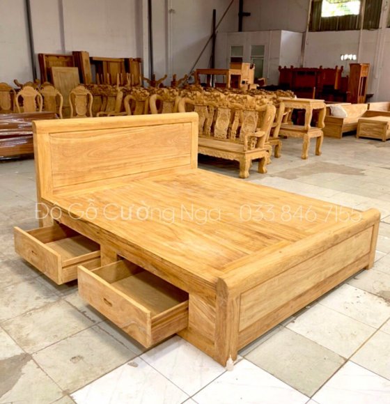 Giường Ô Kéo Gỗ Gõ Đỏ Phản Liền Mẫu Đơn Giản ( Đặt Hàng )