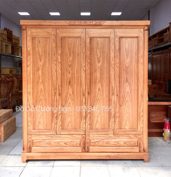 Tủ Áo Gỗ Hương Xám Mẫu Trơn 4 Cánh - 2m 