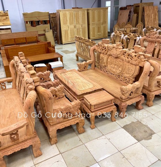 Bộ bàn ghế salon gỗ hương đá tay 12 - 6 món trạm nghế phượng 