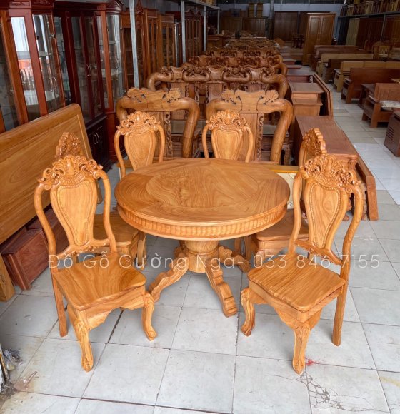 Bàn Ăn Tròn 6 Ghế Gỗ Gõ Đỏ Ghế Hạt  