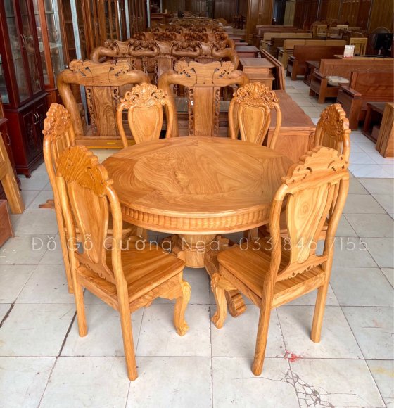 Bàn Ăn Tròn 6 Ghế Gỗ Gõ Đỏ