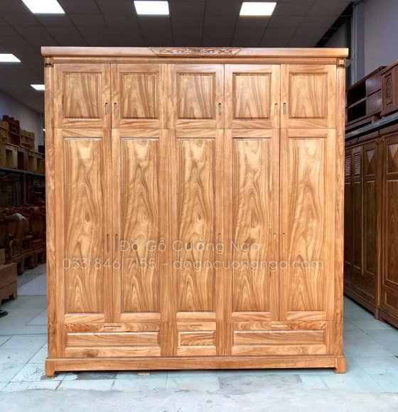 Tủ Áo Gỗ Hương Xám 5 Cánh Cao 2 Tầng 