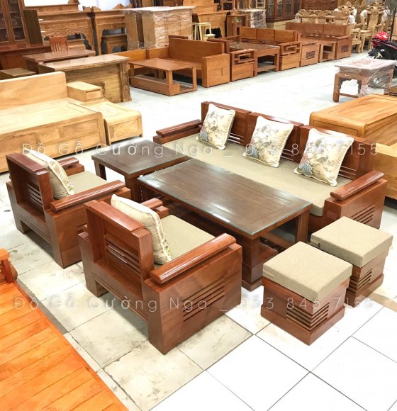 Bộ Bàn Ghế Sofa Gỗ Xoan Đào - Đối Trứng 7 Món Kèm Nệm 