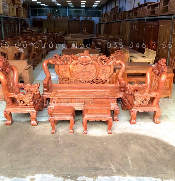 Salon Gỗ Hương Đá tay 12 - 6 Món Trạm Nghê Phượng  Cao Cấp 