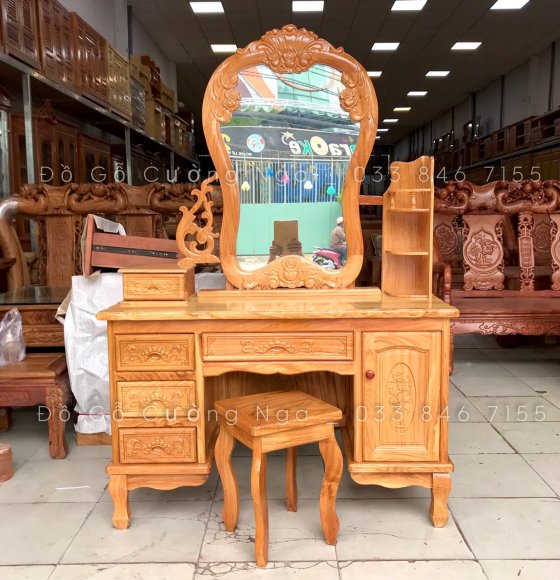 Bàn Trang Điểm Gỗ Gõ Đỏ Mẫu Hoa Hồng 1m1 - Mặt Liền 