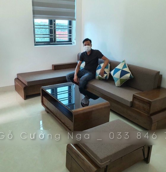 Bộ ghế sofa gỗ sồi nga màu óc chó 2m8x1m8 - chân cuốn