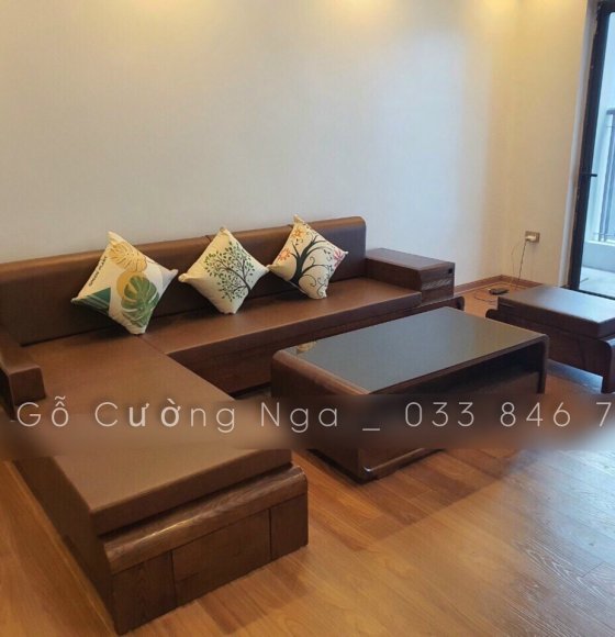 Bộ bàn ghế sofa gỗ sồi nga chân cuốn - màu óc chó hiện đại 