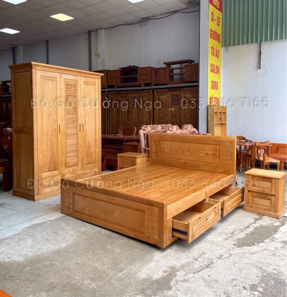 Giường Ô Kéo Gỗ Sồi Nga Lau Màu Đinh Hương