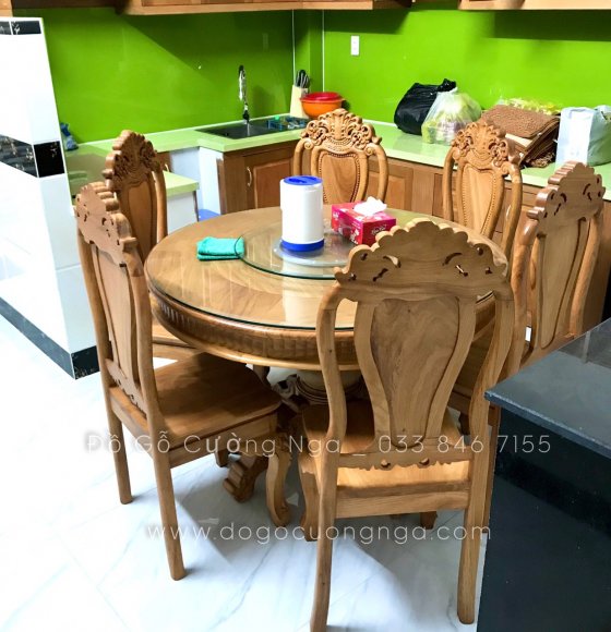 Bộ bàn ăn tròn 6 ghế gỗ Gõ Đỏ giao khách 