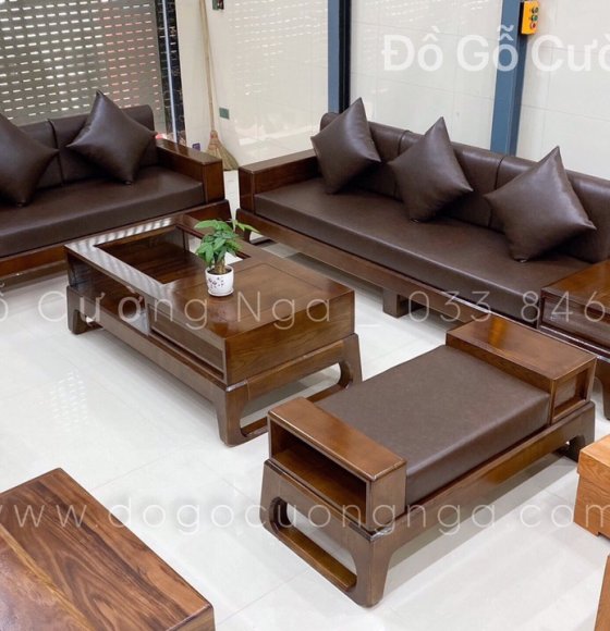 Bộ Bàn Ghế Sofa Gỗ Sồi Nga Lau Màu Óc Chó Kèm Nệm Da Cao Cấp 
