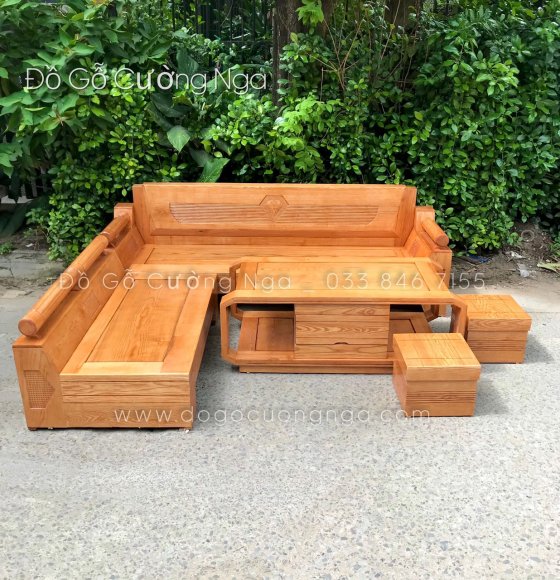 Bộ Sofa Góc L Gỗ Sồi Nga Lau Màu Hương 2m3x2m - mẫu Kim Cương