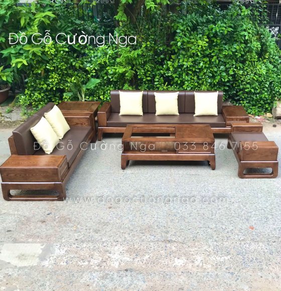 Bộ Sofa Hai Văng Gỗ Sồi Nga Lau Màu Óc Chó - Kèm Nệm Da 