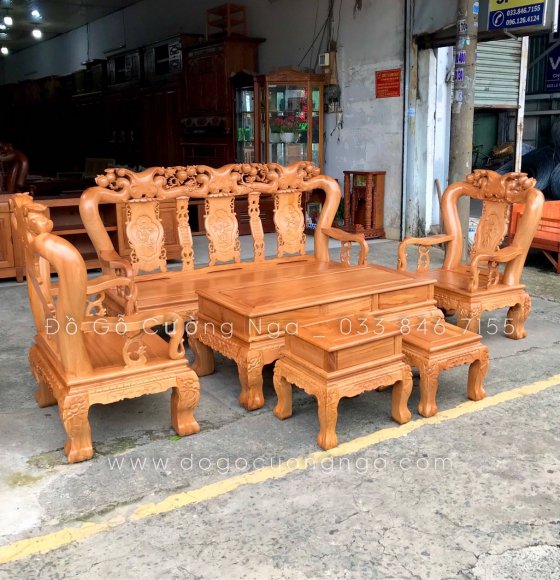 Bộ bàn ghế salon gỗ gõ đỏ mẫu trạm đào tay 12 - 6 món Cao Cấp 