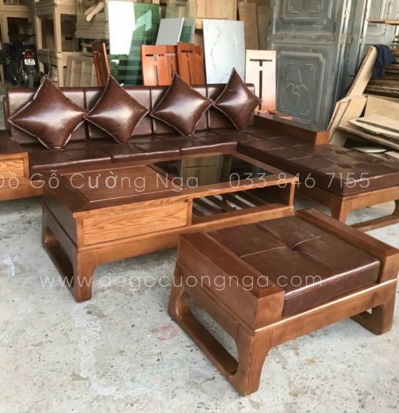 Bộ ghế sofa chân choãi gỗ sồi Nga - màu óc chó