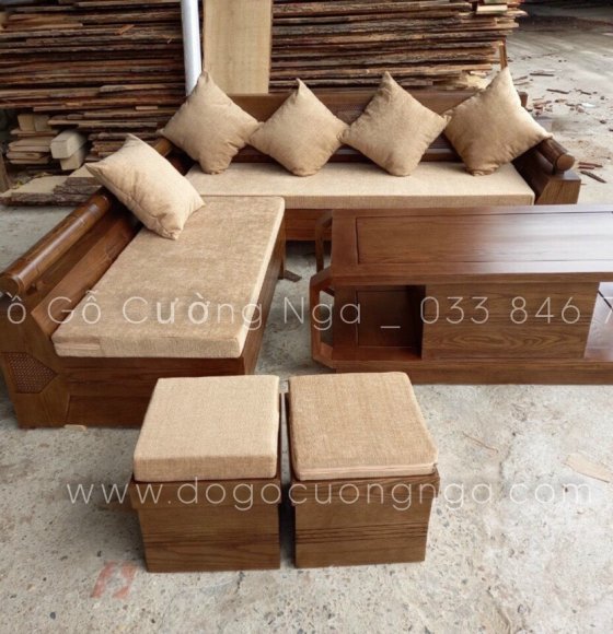 Bộ bàn ghế sofa góc gỗ sồi nga màu óc chó - mẫu kim cương