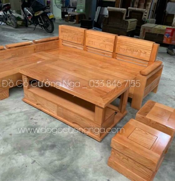 Bộ ghế sofa góc L gỗ sồi nga tay trứng 2mx1m8 hiện đại 