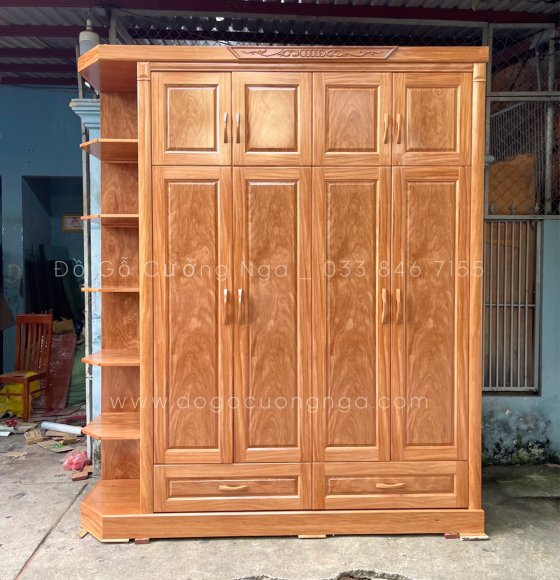 Tủ quần áo gỗ đinhh hương 4 cánh 2 tầng kèm góc trang trí 