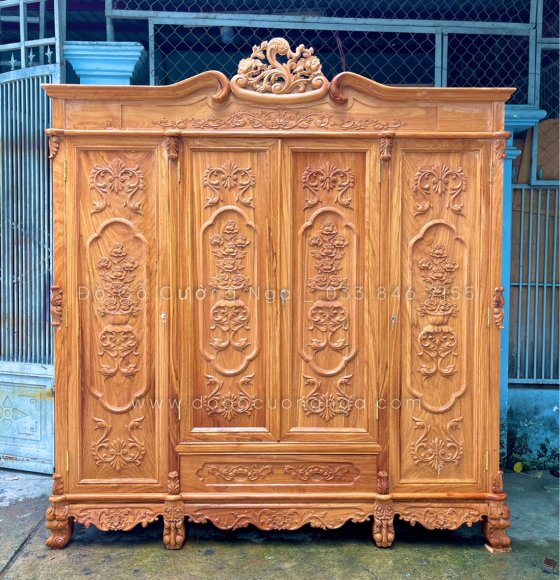 Tủ Quần Áo Gỗ Gõ Đỏ 4 Cánh 2m1 Cao Cấp Mẫu Tân Cổ Điển 