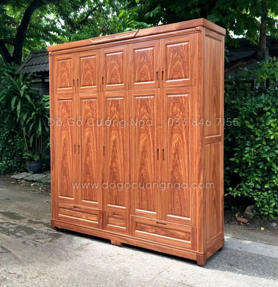 Tủ quần áo gỗ cẩm 5 cánh 2 tầng mẫu đơn giản
