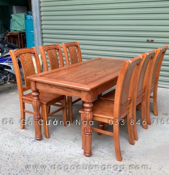 Bộ Bàn Ăn 6 Ghế Gỗ Sồi Nga Lau Màu Gõ Đỏ 