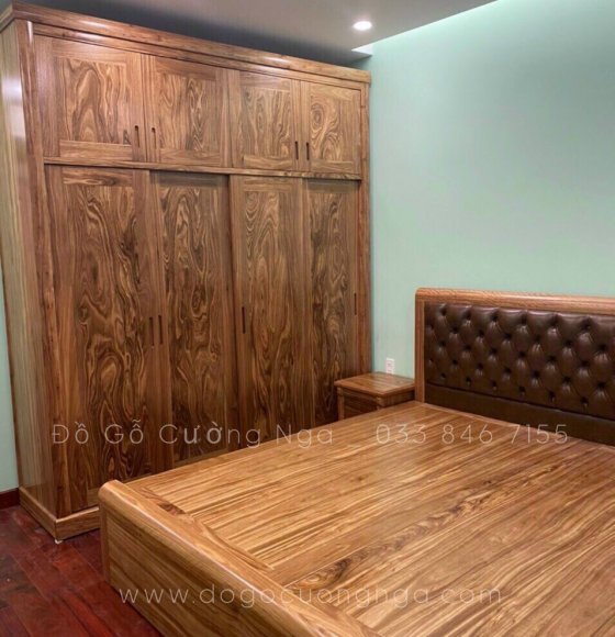 Bộ combo giường tủ quần áo gỗ Hương Xám (giường bọc nệm + tủ lùa )