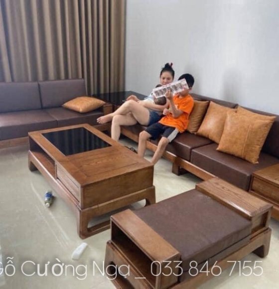 Bộ ghế sofa gỗ sồi nga 2 văng màu óc chó - kèm nệm da hiện đại 