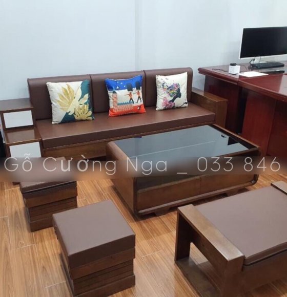 Bộ ghế sofa gỗ sồi nga màu óc chó 1 văng 3 ngăn kéo - kèm nệm 