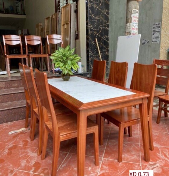 Bộ bàn ăn gỗ xoan đào 6 ghế mặt đá hiện đại
