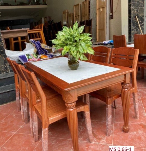 Bộ bàn ăn gỗ xoan đào 6 ghế mặt đá - tựa cong 0.66-1