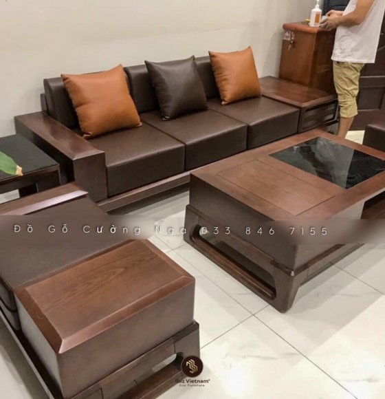 Bộ sofa gỗ sồi nga màu óc chó - chân quỳ kèm nệm 
