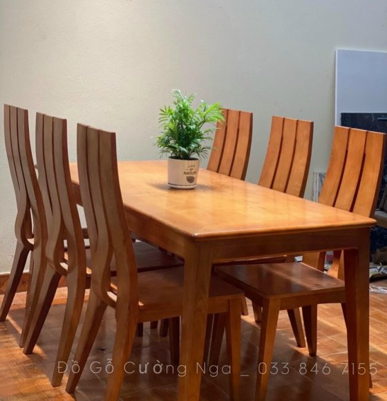 Bộ bàn ăn gỗ sồi nga 6 ghế màu gõ đỏ - ghế liền hiện đại 