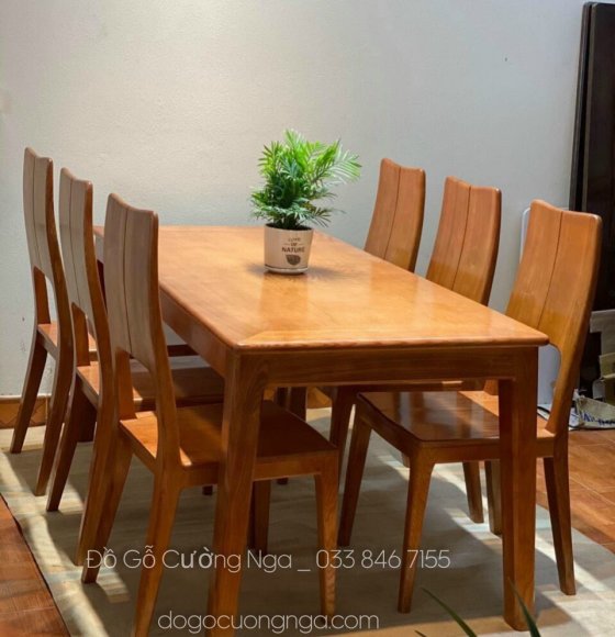 Bộ bàn ăn gỗ sồi 6 ghế màu phớt vàng mặt liền - hiện đại 