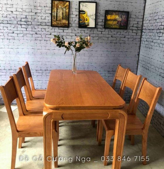 Bộ bàn ăn gỗ sồi 6 ghế màu gõ đỏ cao cấp - chân chạy chỉ 