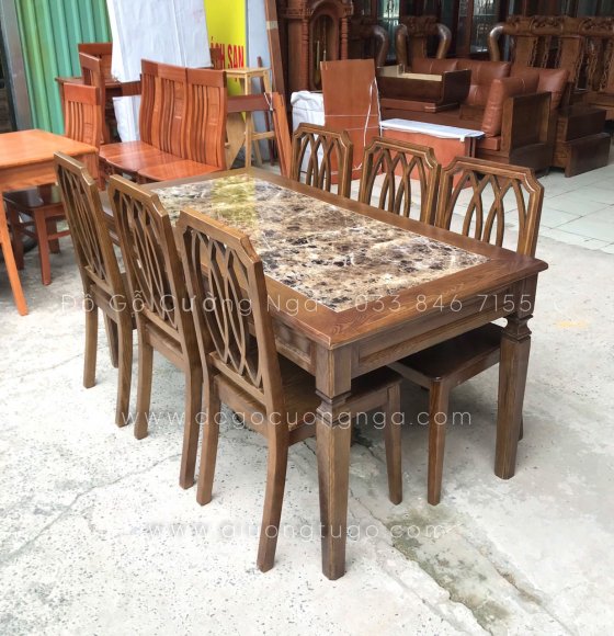 Bộ bàn ăn gỗ sồi mặt đá 6 ghế - màu óc chó hiện đại sang trọng