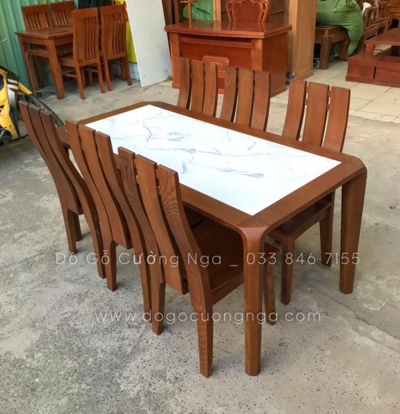Bộ bàn ăn gỗ sồi nga 6 ghế mặt đá - màu óc chó 