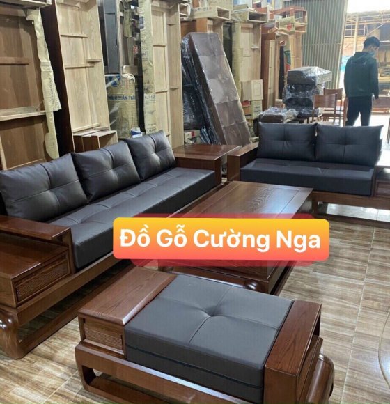 Bàn ghế sofa gỗ sồi nga màu óc chó kèn nẹm da - mẫu đùi gà 
