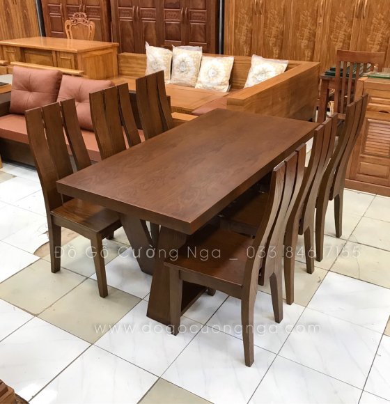 Bàn ăn gỗ sồi 6 ghế - màu óc chó 