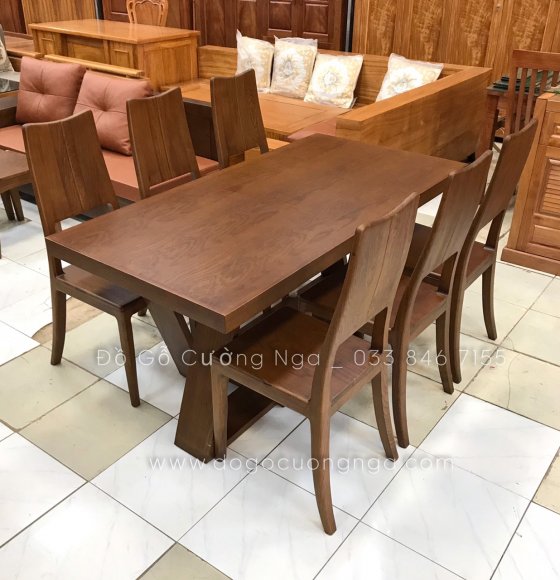 Bộ bàn ăn 6 ghế gỗ sồi lau màu óc chó - mặt liền hiện đại