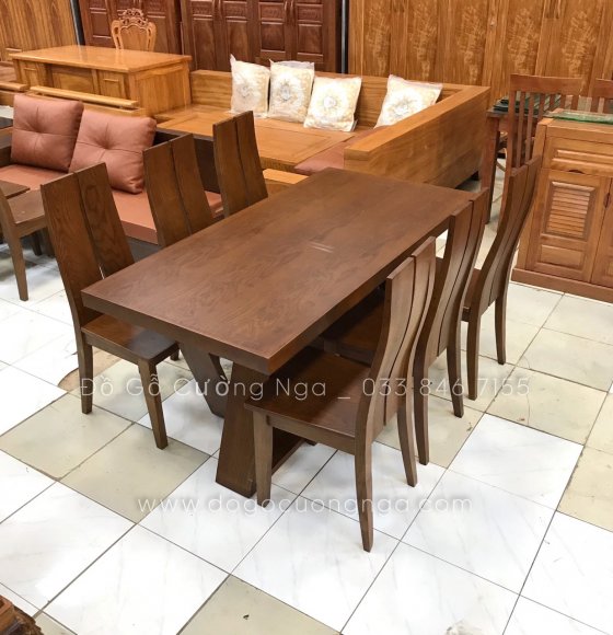 Bộ bàn ăn 6 ghế gỗ sồi màu óc chó mặt liền 